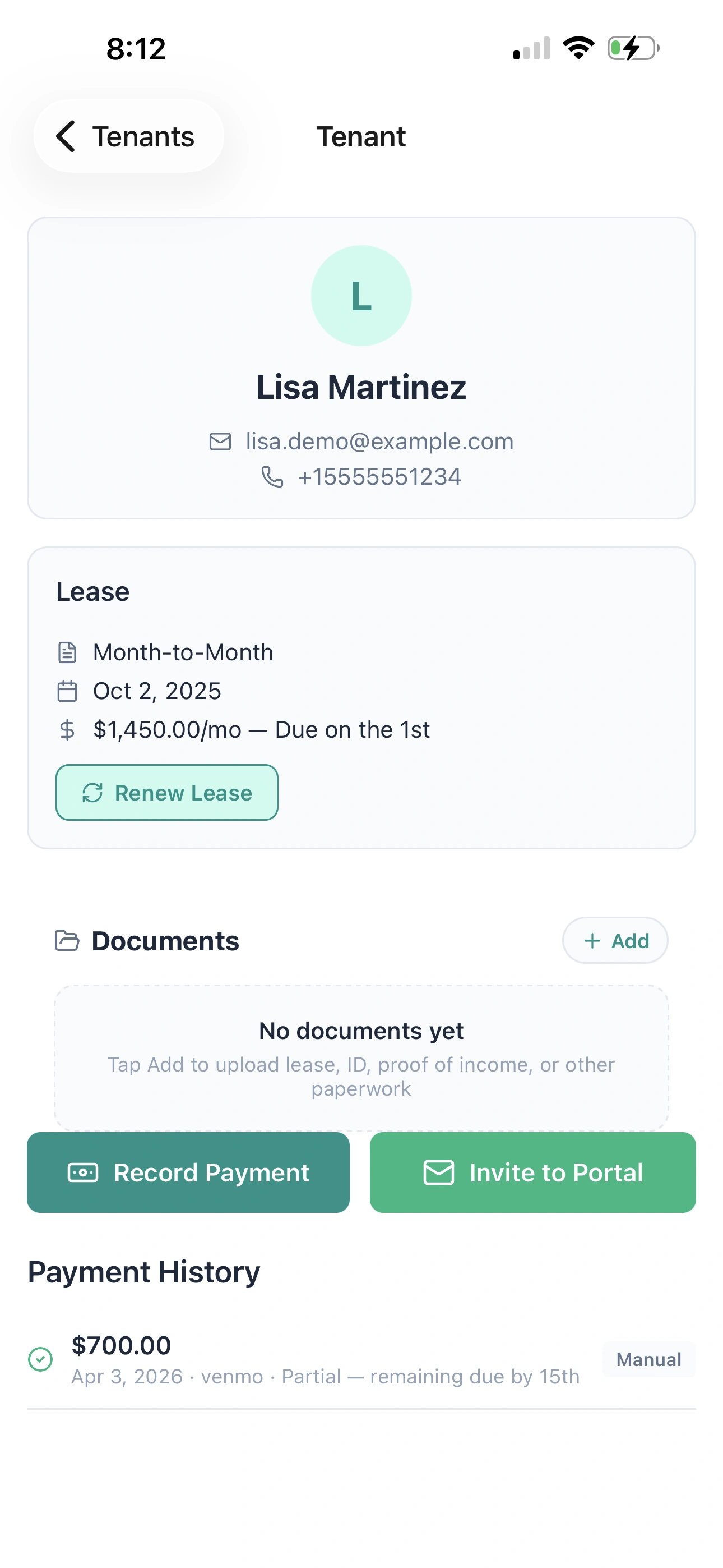 Tenant detail screen with payment history and portal invite